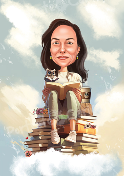 Caricatură digitală color - Fata cu cărți