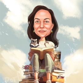 Caricatură digitală color - Fata cu cărți