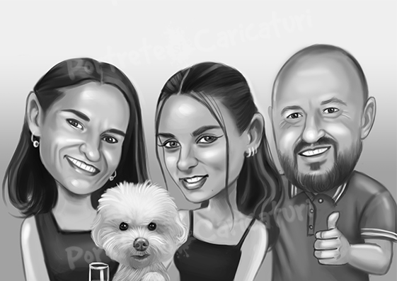 Caricatură digitală alb‑negru - Familie cu cățel
