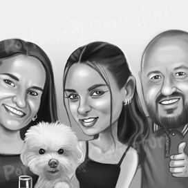 Caricatură digitală alb‑negru - Familie cu cățel