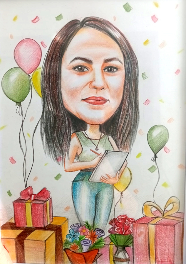 Caricatură în creion color - Doamna învățătoare