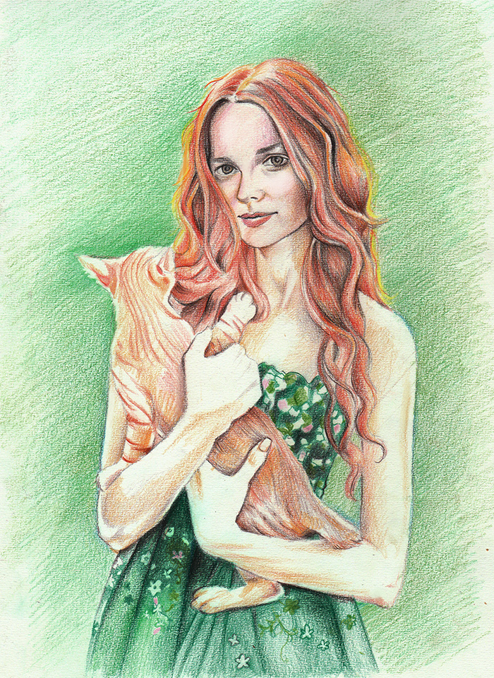 Portret în creion color - Tânără cu pisică