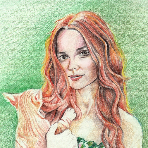 Portret în creion color - Tânără cu pisică