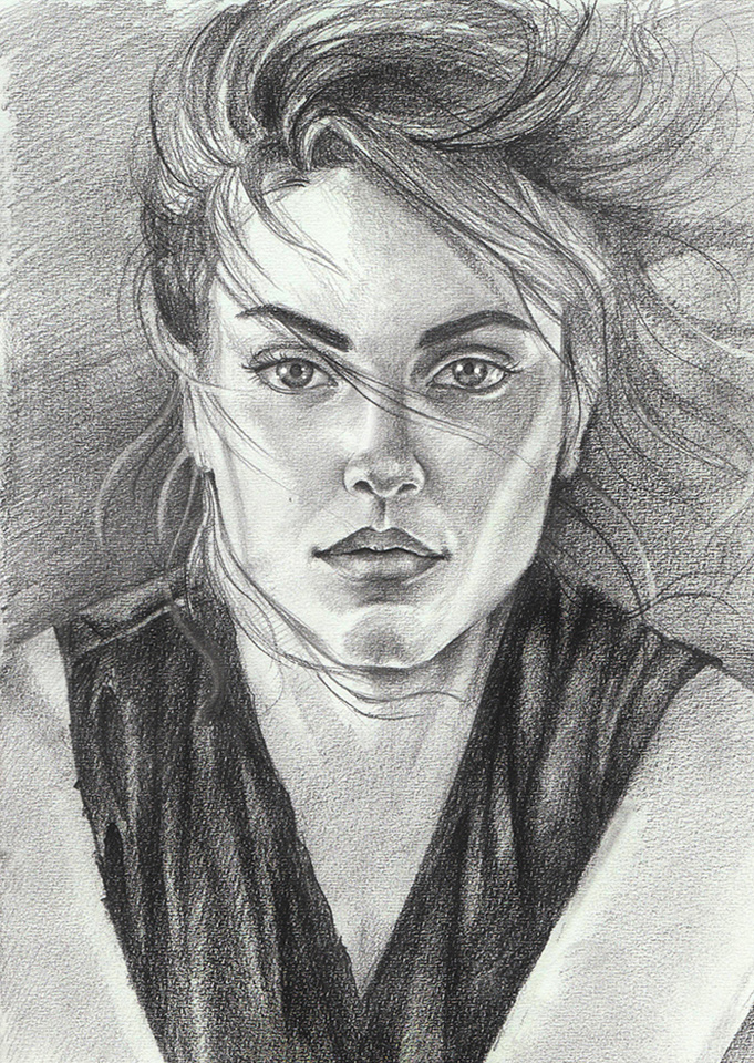 Portret în creion alb‑negru - Tânără