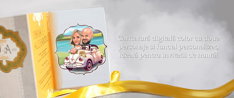 Caricatură digitală color cu două personaje și fundal personalizat, ideală pentru invitații de nuntă!